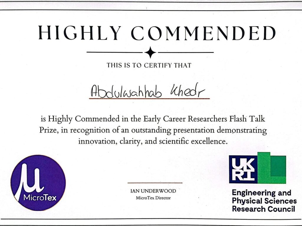 Highly Commended certificate, Early Career Researchers Flash Talk Prize, awarded to Abdulwahhab Khedr