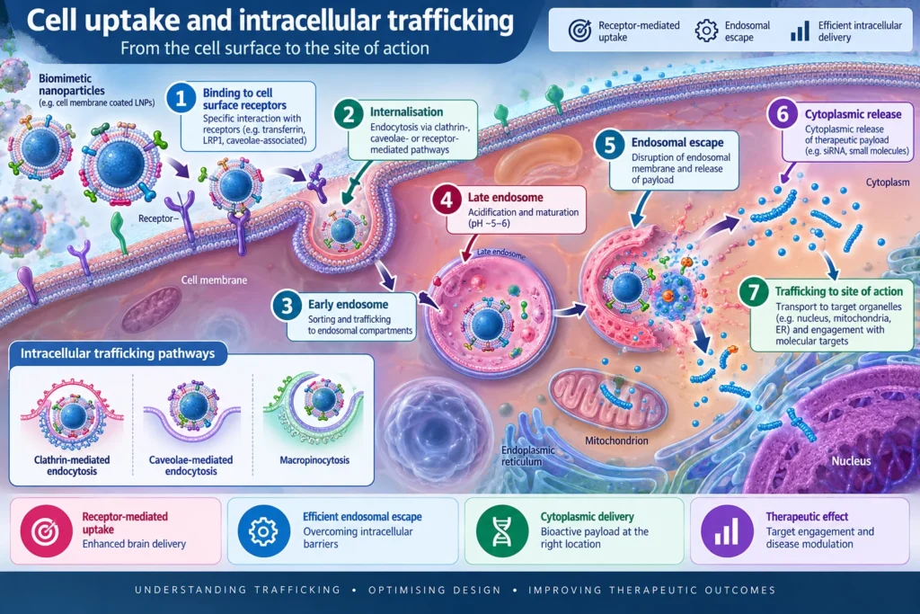Schematic of nanoparticle uptake and intracellular trafficking, from receptor binding and endocytosis through early and late endosomes to endosomal escape and cytoplasmic release.