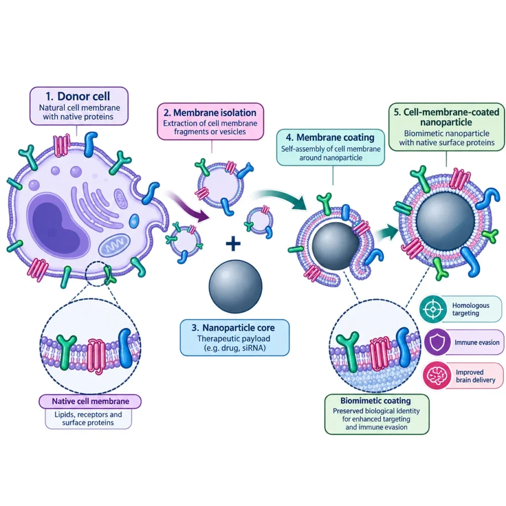 Schematic of a donor cell membrane being isolated and self-assembled around a nanoparticle core to give a biomimetic nanoparticle carrying native surface proteins.