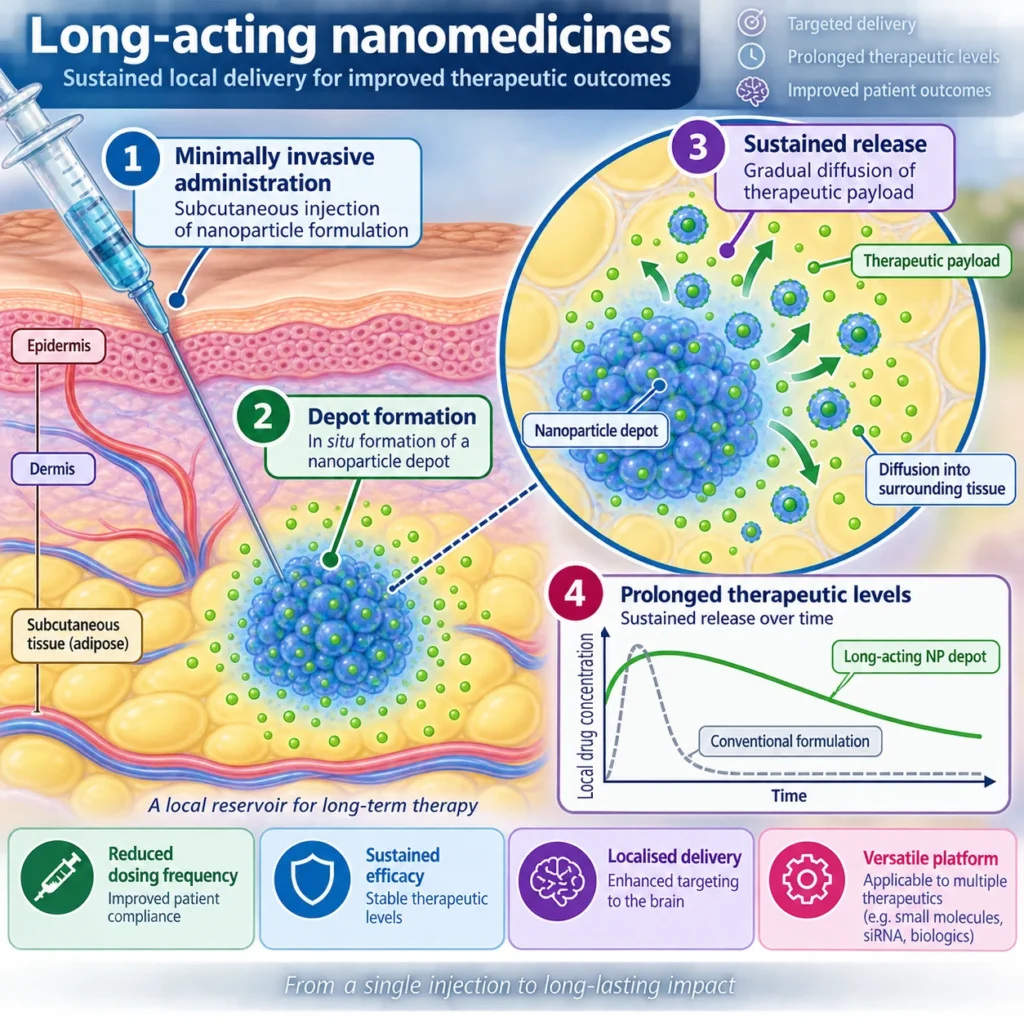 Schematic of a subcutaneous nanoparticle depot forming after injection and releasing its payload gradually, with a graph comparing sustained release against a conventional formulation.