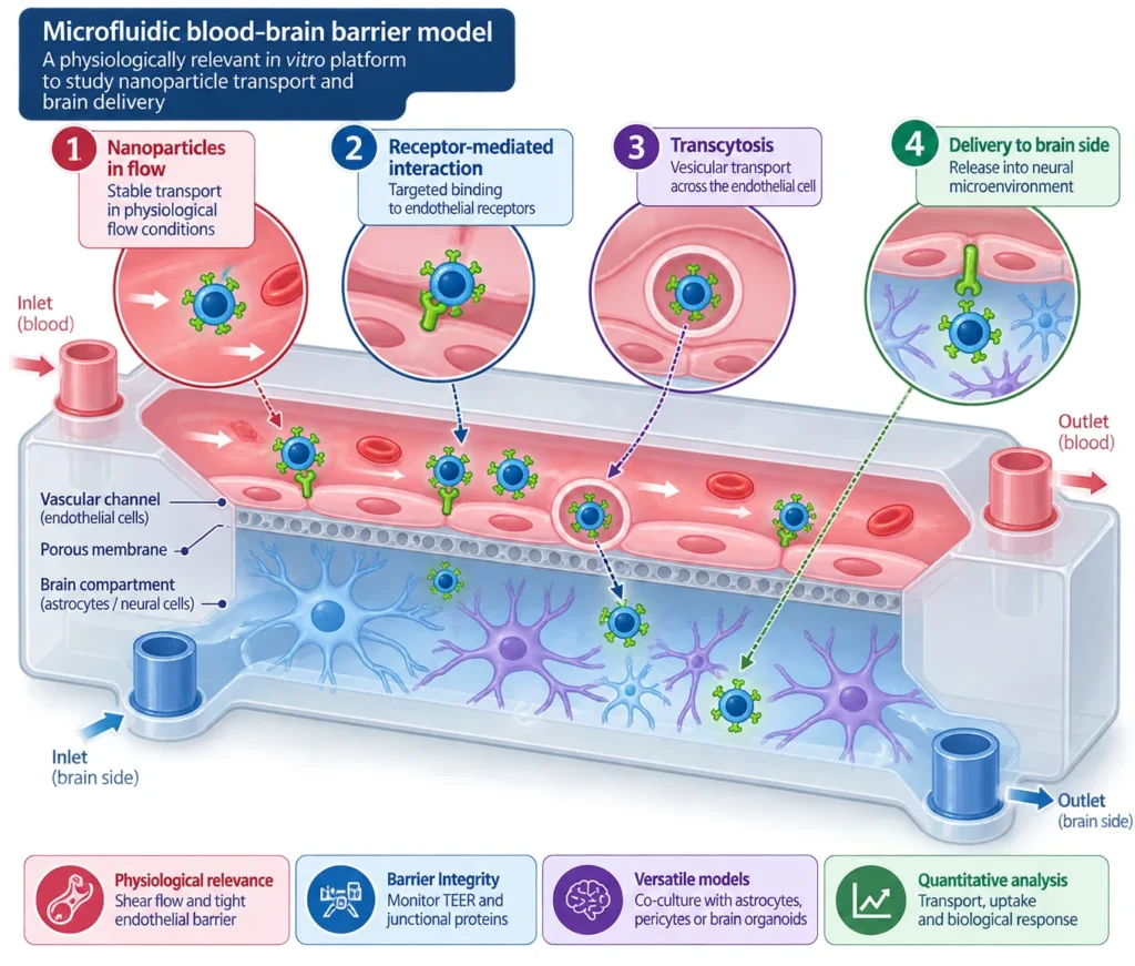 Schematic of a microfluidic blood-brain barrier chip with a vascular channel, porous membrane and brain compartment, showing nanoparticle transport across the endothelial barrier.