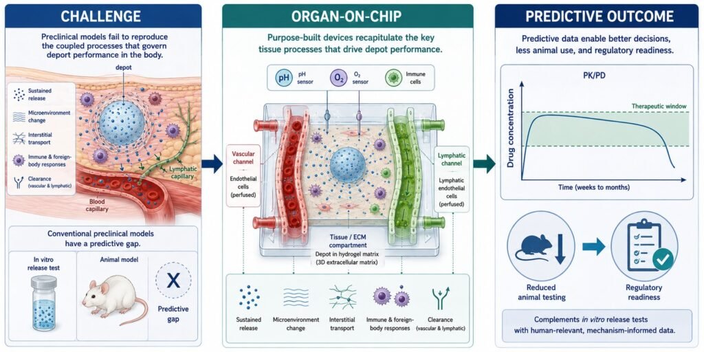 Graphical abstract: organ-on-chip devices reproducing depot performance, from the predictive gap in conventional models to PK/PD outcomes
