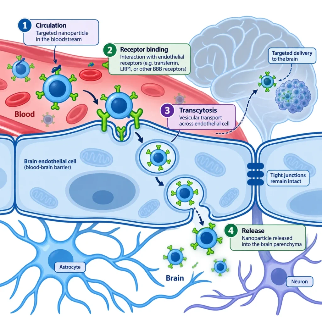 Schematic of a targeted nanoparticle circulating in the blood, binding endothelial receptors, crossing the blood-brain barrier by transcytosis and being released into the brain parenchyma.