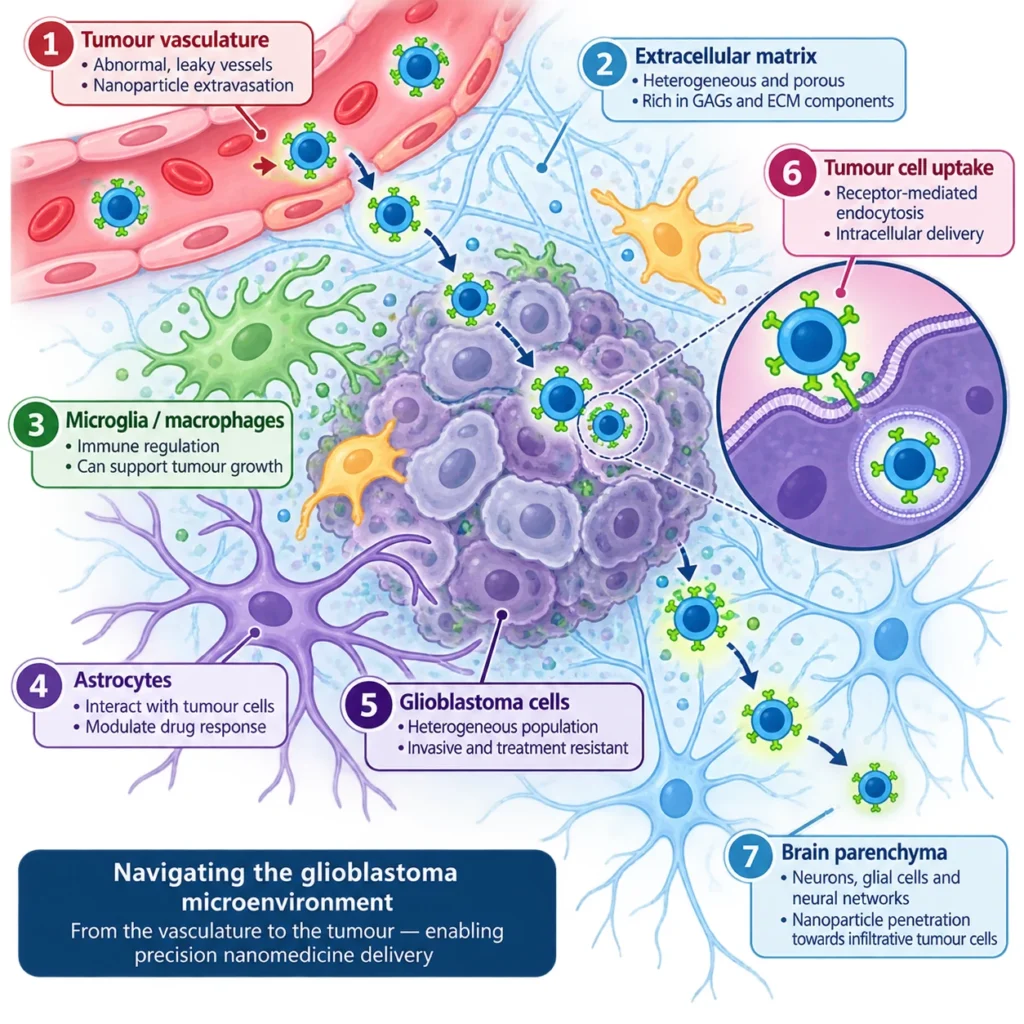 Schematic of the glioblastoma microenvironment showing tumour vasculature, extracellular matrix, microglia, astrocytes and tumour cells, with nanoparticles penetrating towards the tumour.